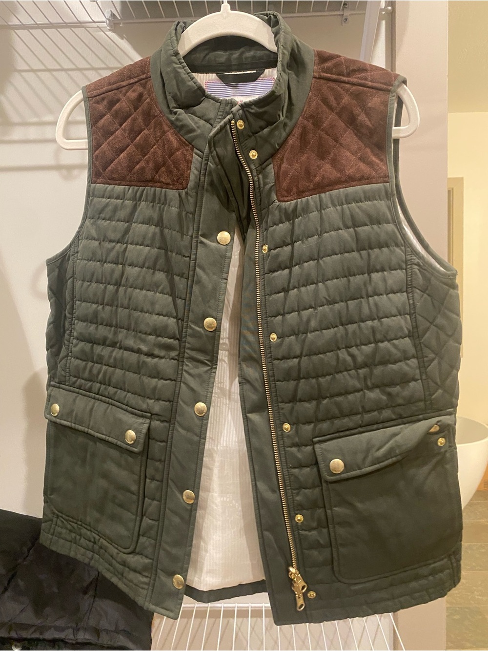 Vineyard Vines Olive Green and Brown Quilted Vest with Gold Accents